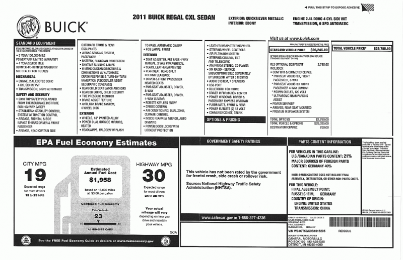 2011 Buick Regal CXL Sticker