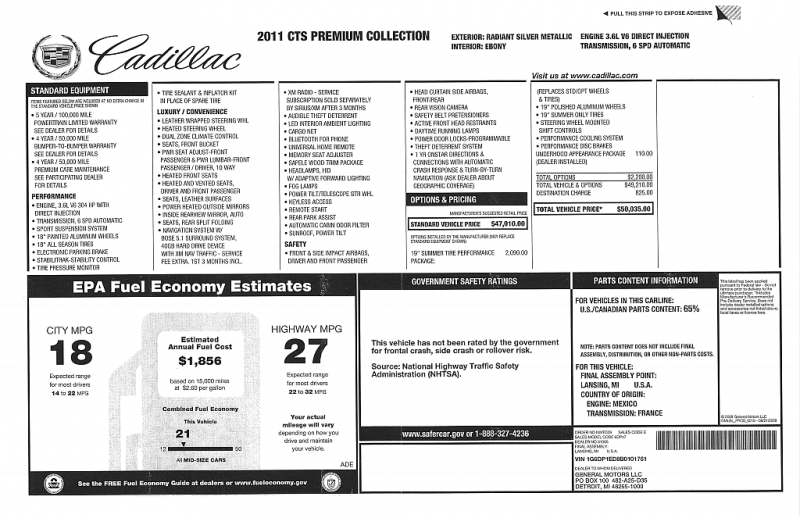 2011 Cadillac CTS Coupe window sticker