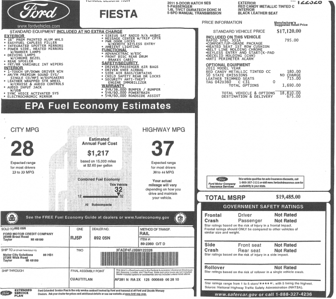2011 Ford Fiesta Hatch Window Sticker
